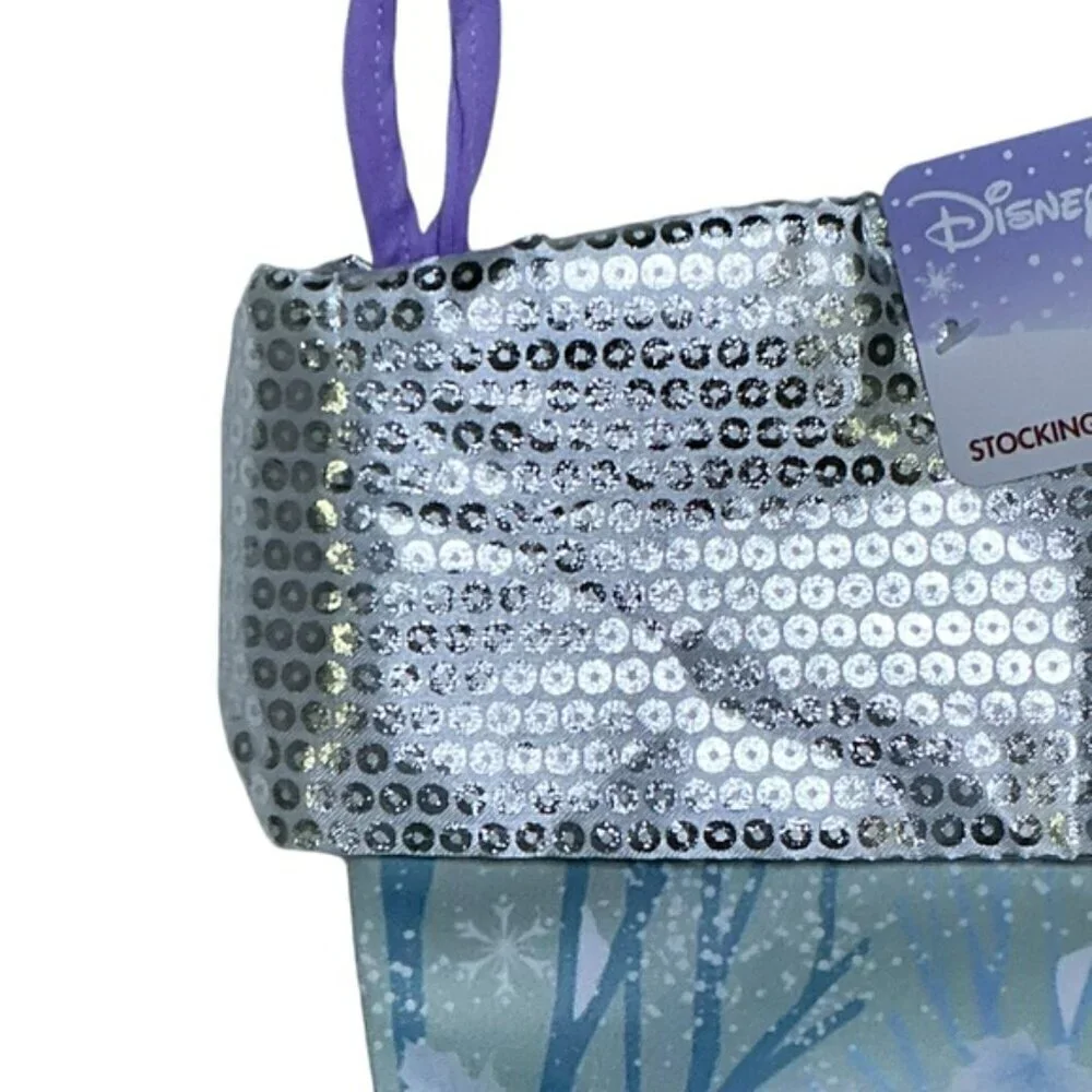Christmas Stocking Elsa & Anna Disney Frozen Shiny Silver Cuff Lavender 17 in